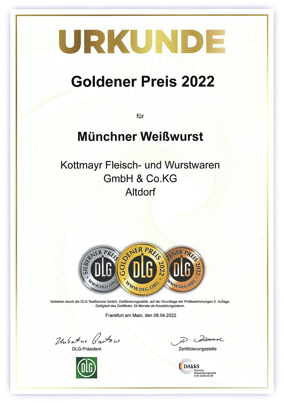 DLG Goldener Preis M&uuml;nchner Wei&szlig;wurst Kottmayr